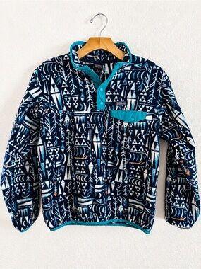 Patagonia Unisex Synchilla Snap T Fleece Pullover XL (14) Blue Geometric Print